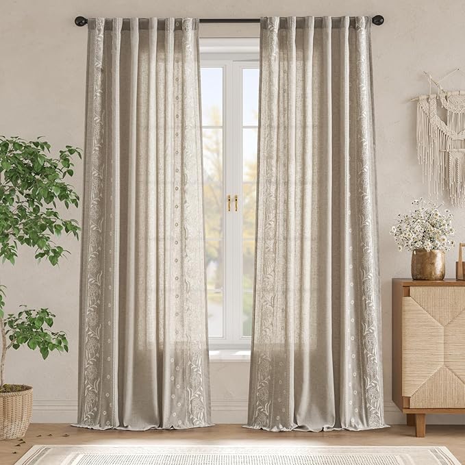 jinchan Winslow Linen Curtains for Bedroom 96 Inches Length Embroidered Bordered Floral Curtains for Living Room Farmhouse Decor Light Filtering Window Treatments Ivory on Taupe Drapes 2 Panels