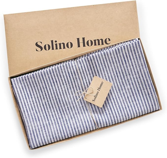 Solino Home Linen 60 Inch Round Tablecloth - Narrow Stripe, 100% Pure Linen Navy and White Round Tablecloth - Machine Washable Table Cloth for Fall, Autumn, Thanksgiving, Christmas, Winter