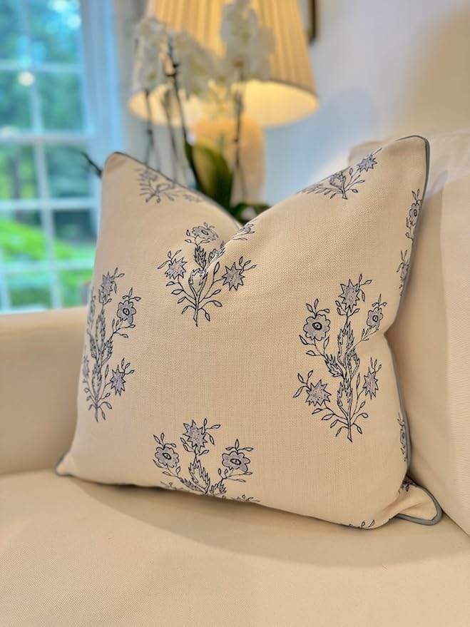 “The Mary” Periwinkle Floral Block Print Pillow Cover – Blue and White Decorative Throw Pillow Cover – Grandmillennial Home Decor, 19" x 19"