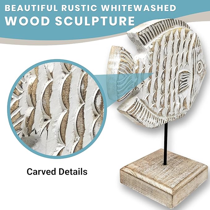 Wooden Fish Sculpture Home Decor | Handmade Angel Fish Statue on Stand | Sea Nautical Beach House Decor Art Piece | Whitewashed Rustic Centerpiece Table Decor for Office, Living Room (Angelfish)