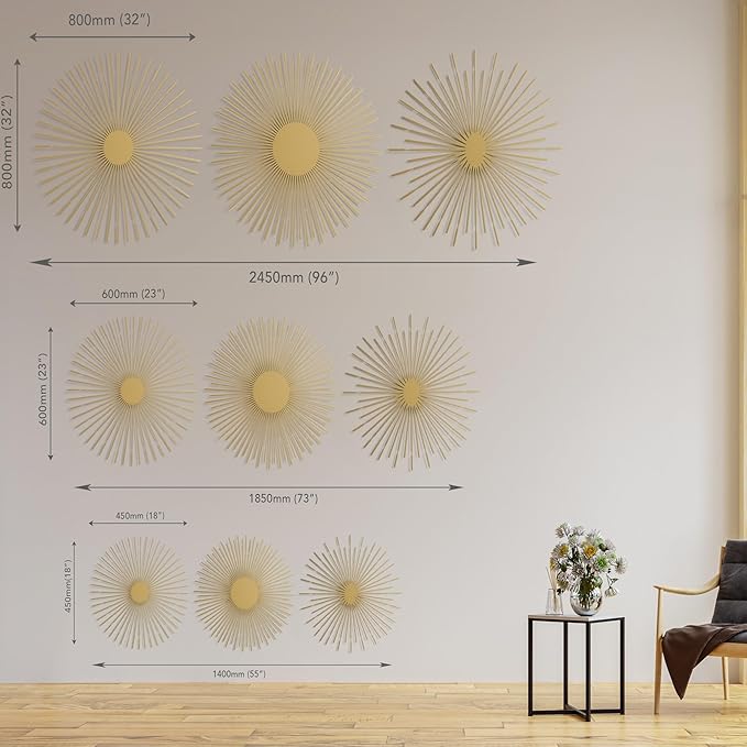 NEODECO Sun Rays-Triple Metal Wall Art, Geometric Sun Decor, Metallic colors, Large 3D wall sculpture, model BCD, Set of 3 (Black, Medium)