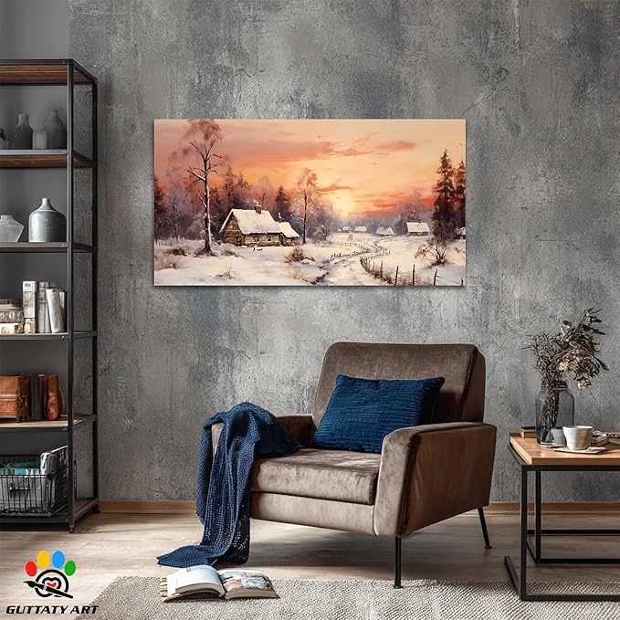 GUTTATY Christmas Winter Scene Canvas Wall Art, Cozy Snow Village Canvas Print, Rustic Country House Wall Painting, Winter Sunset Landscape Poster for Living Room, Bedroom, Hallway, 60x30 Inch