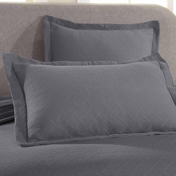 Superior 100% Cotton Basket Weave Bedspread with Shams, All-Season Premium Cotton Matelasse Jacquard Bedding, Quilted-Look Geometric Basket, King, Grey