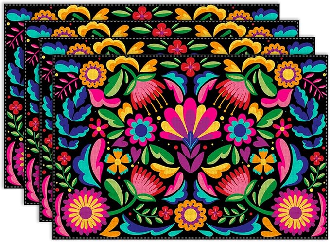 Mexican Fiesta Placemat Set of 4, 12x18 Inch Black Colorful Mexico Floral Flroal Birds Birds Talavera Cinco De Mayo Day of The Dead Coffee Table Mats for Outdoor Kitchen Dining Table Decoration