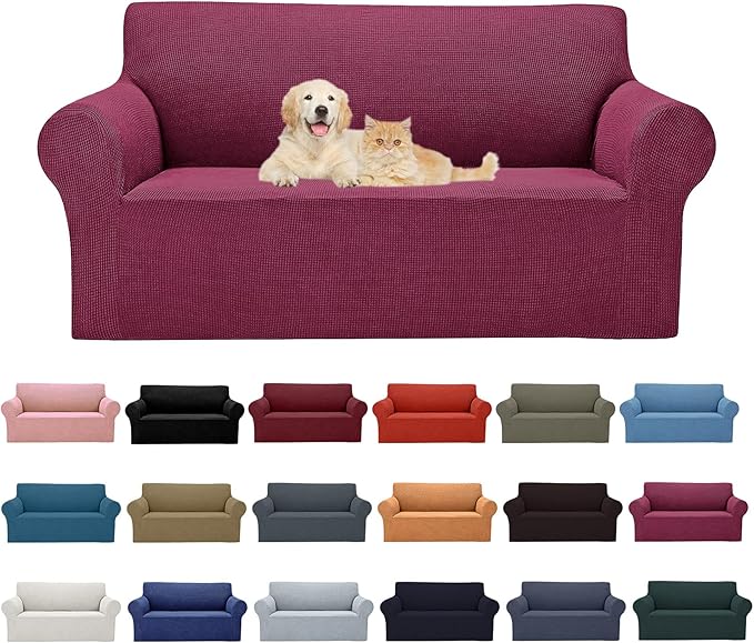 Cupuamon 2025 New Stretch Loveseat Sofa Slipcovers Couch Cover for 2 Cushion Furniture Protector Sofa Covers with Elastic Bottom Jacquard Fabric Small Checks for Pets, Kids - Wine