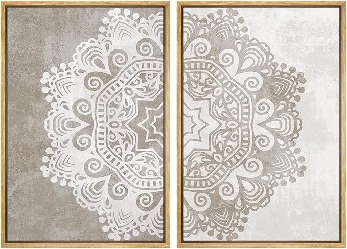 SIGNWIN Framed Canvas Print Wall Art Set Duotone Cultural Indian Mandala Pattern Abstract Shapes Illustrations Modern Art Minimal Boho Relax/Calm for Living Room, Bedroom, Office - 16"x24"x2 Natural