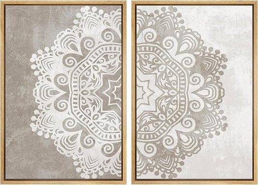 SIGNWIN Framed Canvas Print Wall Art Set Duotone Cultural Indian Mandala Pattern Abstract Shapes Illustrations Modern Art Minimal Boho Relax/Calm for Living Room, Bedroom, Office - 16"x24"x2 Natural
