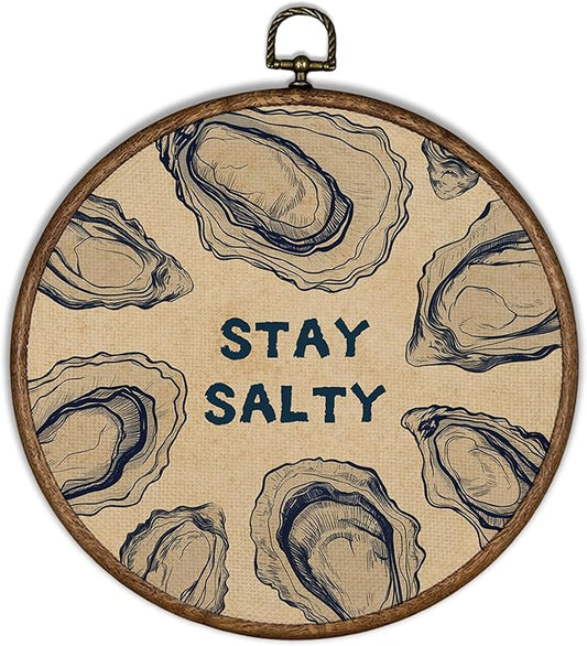 XBBMGG Coastal Oyster Wall Art Decor, Vintage Ocean Stay Salty Oyster Shell Round Wall Hanging Decor, Nautical Beach Seashell Framed Canvas Prints for Living Room Bathroom Decorations, 10x10inch