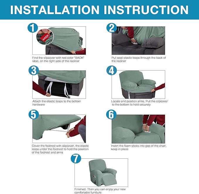 Flamingo P Stretch Recliner Chair Cover Recliner Cover for Electric/Manual Style | Furniture Cover for Reclining with Side Pocket, Soft Checked Jacquard Fabric Form Fitted Standard/Oversized - Sage