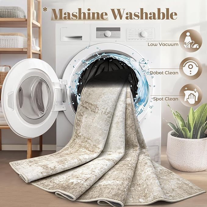 8x10 Area Rugs Washable Rug, Soft Modern Abstract Rugs for Living Room Large Low Pile Thin Rug Non Slip Indoor Neutral Carpet for Bedroom Dining Room Farmhouse Office Kids Playroom Beige