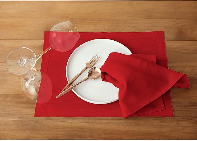 Solino Home Linen Red Placemats Set of 4-100% Pure Linen Placemats 14 x 19 Inch for Christmas, Holiday, Winter, New Year - Fete
