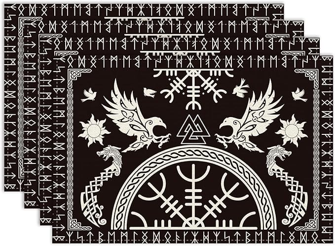 Black Viking Placemat Set of 6, 12x18 Inch Rustic Tree of Life Nordic Mythology Raven Helmet of Awe Dragon Animal Vintage Coffee Table Mats for Outdoor Farmhouse Kitchen Dining Table Decoration