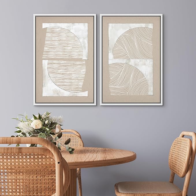 SIGNWIN Framed Canvas Print Wall Art Set Grunge Tan White Art Deco Polygons Abstract Shapes Illustrations Minimal Decorative Nordic Zen Bohemian for Living Room, Bedroom, Office - 24"x36"x2 White