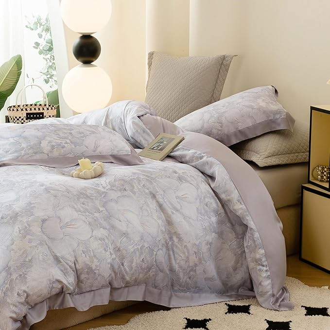 ECOCOTT Bedding 3-Piece Duvet Cover Queen Size, Silky Soft 100% Lyocell, Hypoallergenic & Eco-Friendly, Elegant Bloom (Soft Purple) Floral Pattern, Cooling & Breathable for Hot Sleepers