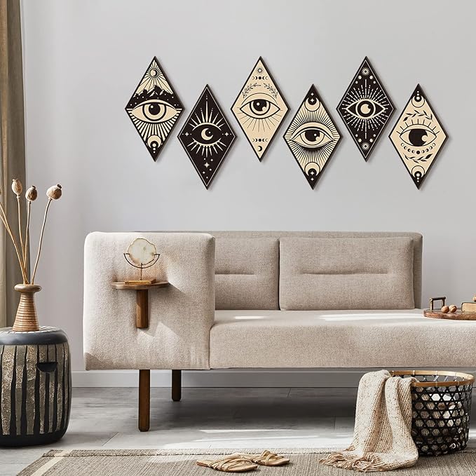 Nuenen 6 Pcs Farmhouse Home Wall Decor Western Geometric Diamond Frame Wall Hanging Boho Modern Abstract Art Prints Wooden Diamond Sign Decorations for Bedroom Living Room Bathroom(Eye Style)
