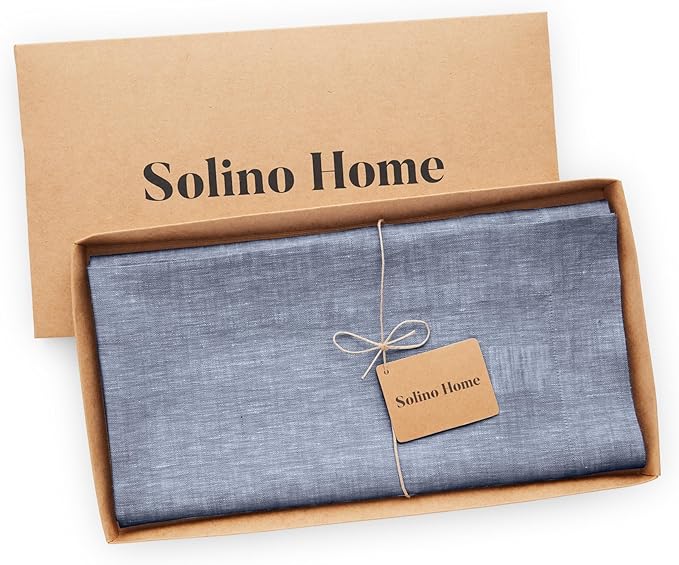 Solino Home Linen Cloth Tablecloth 52 x 52 Inch - 100% Pure Linen Chambray Indigo Square Tablecloth - Athena, Machine Washable Table Throw for Christmas