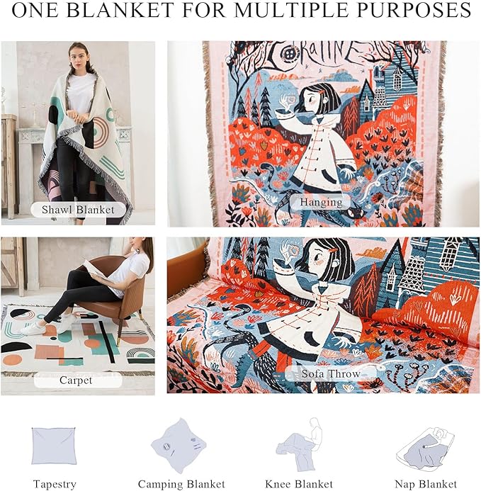 Double-Sided Cotton Woven Throw Blanket with Tassel Jungle Bohemian Style Tapestry Shawl Multi-Function Decorative Throws for Sofa Bed Armchair Camping Blanket Tablecloth Carpet 160x130cm