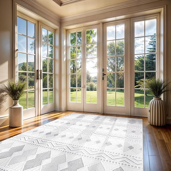 CAMILSON Micro Loop Rug 8x10 Modern Luxury Geometric Boho Diamond Area Rugs Soft High and Low Pile Stain Resistant Easy-Cleaning Non-Shedding for Living Room Office Indoor Carpet (8 x 10 / White-Gray)