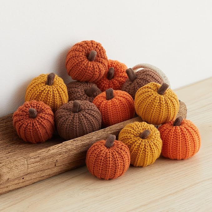 Your Heart's Content Mini Knit Pumpkins Set of 12, Fall Pumpkin Decor, Orange Pumpkin Bowl fillers for Fall, Gold Pumpkins for Garland, Thanksgiving tablescape, Brown (Mini Orange Set 12)