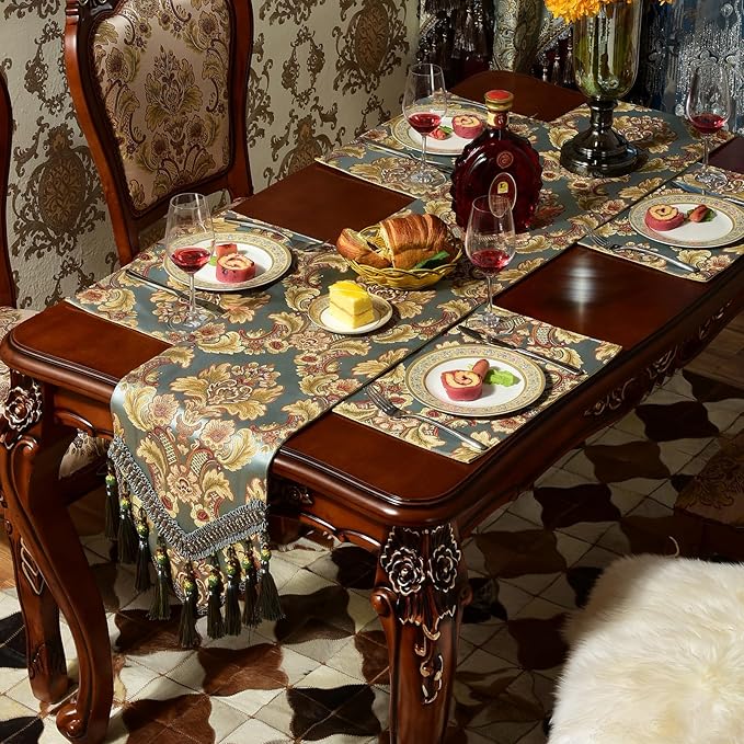 Extra Luxury Velvet Blue Table Runner 135 Inches Long with Vintage Damask Jacquard Design for Dining Room,Living Room,Home Decor,Elegant Beaded Tapestry (Dark Cyan, 13×135 inch)