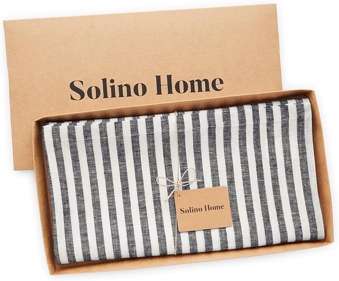 Solino Home Linen Square Tablecloth 52 x 52 Inch - Amalfi Stripe, 100% Pure Linen Black and White Table Throw - Machine Washable Tablecloth for Fall, Autumn, Winter, Holiday