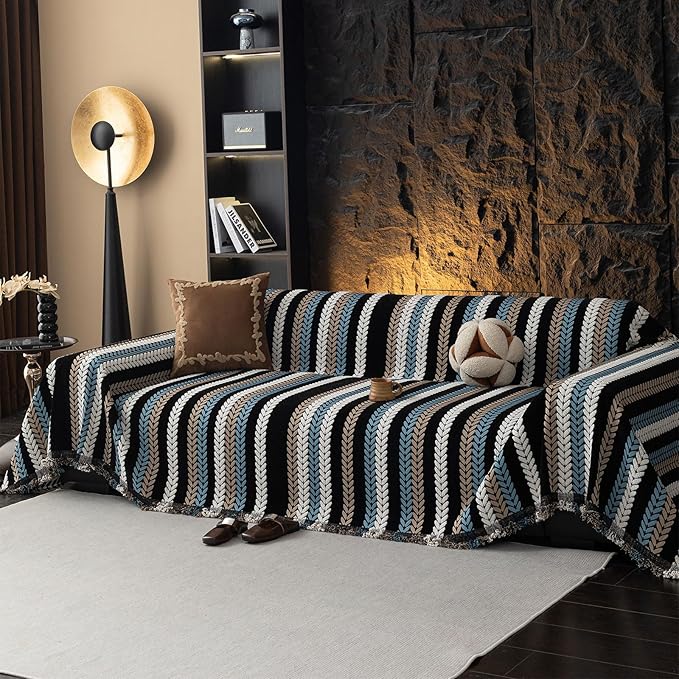 VClife Couch Cover for Sofa, Chenille Sofa Cover for Dog Modern Stripe Couch Cover for 3 Cushion Couch Sofa, Non Slip Furniture Protector Pet Couch Slipcover with Tassel, Black, 71''x150''