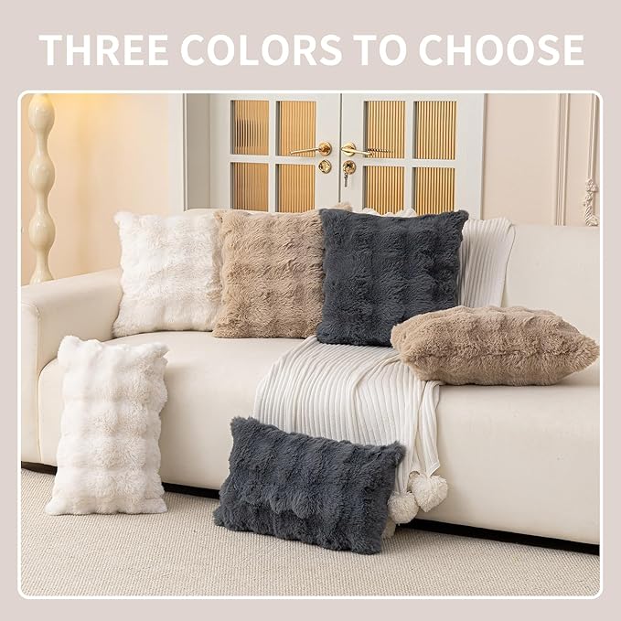 Faux Fur Throw Pillow Covers(Pack of Two, Beige White) 18×18 Inch Decorative Pillows Cover Neutral Soft Chenille Couch Pillows with Zipper Aesthetic for Living Room and Bedroom