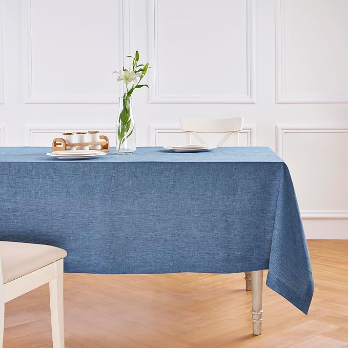 Solino Home Linen Tablecloth 60 x 120 Inch - 100% Pure Linen Blue Denim Table Cloth for Rectangle Tables - Athena, Machine Washable Tablecloth for Christmas, Thanksgiving