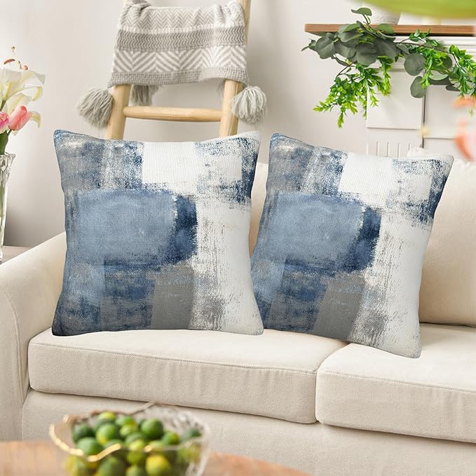 Blue and Grey Abstract Art Pillow Covers 18X18 Set of 2, Grunge Style Oil Painting Decorative Throw Pillow Covers, Pillowcase Cushion Case for Home Sofa Couch Indoor Outdoor Decorations