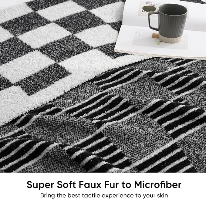 Snuggle Sac Black Faux Fur Checkered Blanket Twin Size with Soft Knitted Microfiber,Reversible Soft Cozy Warm Blanket for Sofa Bed,Lightweight Striped Blankets for Women,Heather Black,60x80 inches