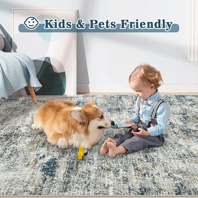 5x7 Washable Area Rug for Living Room: Modern Abstract Rugs Soft Non-Slip Low-Pile Indoor Floor Carpet for Bedroom, Dining Room, Nursery (BlueGreyBrown, 5'x7')