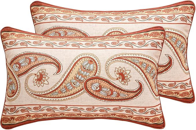 ISAENNE Design Linen Classic Vintage Throw Pillow Covers 12"x20" Pack of 2, Lumbar Cushion Covers with Orange Yellow Paisley Style Pattern Decoration Pillowcases for Bed,Living Room,Outdoor,Car