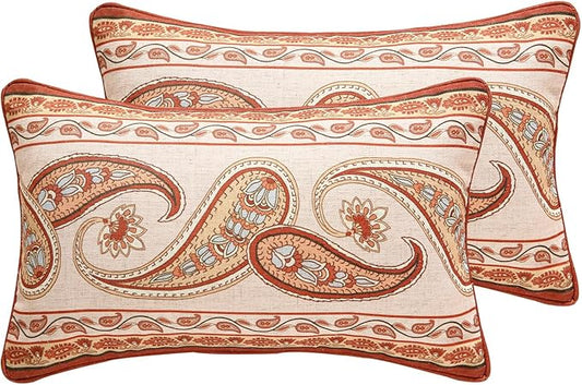 ISAENNE Design Linen Classic Vintage Throw Pillow Covers 12"x20" Pack of 2, Lumbar Cushion Covers with Orange Yellow Paisley Style Pattern Decoration Pillowcases for Bed,Living Room,Outdoor,Car