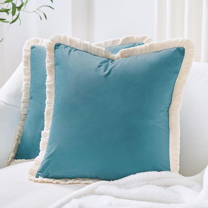 MONDAY MOOSE Decorative Throw Pillow Covers Cushion Cases, Set of 2 Soft Velvet Modern Fringe Tassel Designs, Mix and Match for Home Decor, Pillow Inserts Not Included (Teal Blue, 16x16 inch)