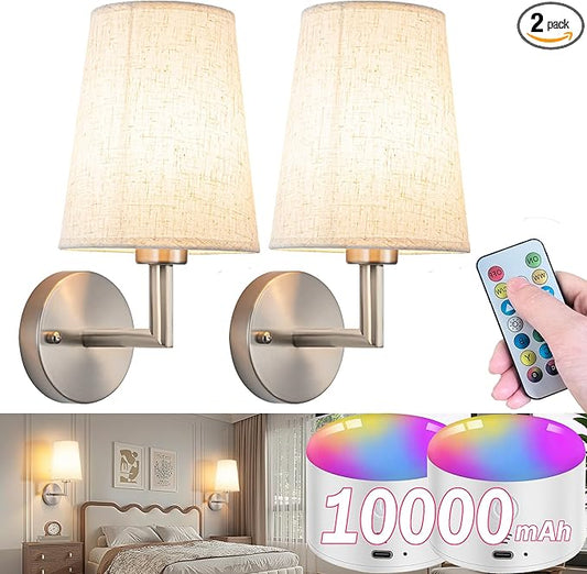 Wall Sconce Battery Operated Wall Light Fixure with Remote Control, Dimmable Battery Operated Wall Sconces Set of Two, Indoor Wireless Wall Mounted Lamp with Rechargable Bulb for Bedroom Living Room