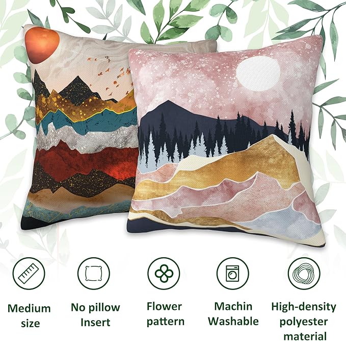 Throw Pillow Covers Golden Mountains Pillow Covers 18x18 Inch Set of 2 Colorful Mountains Throw Pillows Decorative Pillow Cases Cushion Covers for Bedroom Livingroom Sofa Farm House