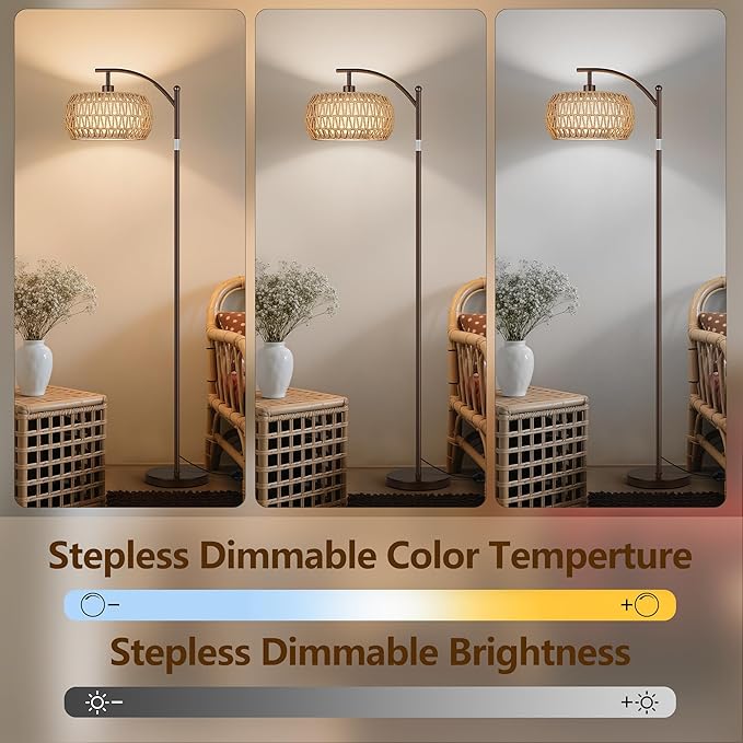ROTTOGOON Rattan Floor Lamps for Living Room, Boho Standing Lamps with Rattan& Linen Double Shades, Arc Lamps Floor Standing with 9W Bulb, Foot Switch, Bohemian Floor Lamps for Bedroom, Office-Brown