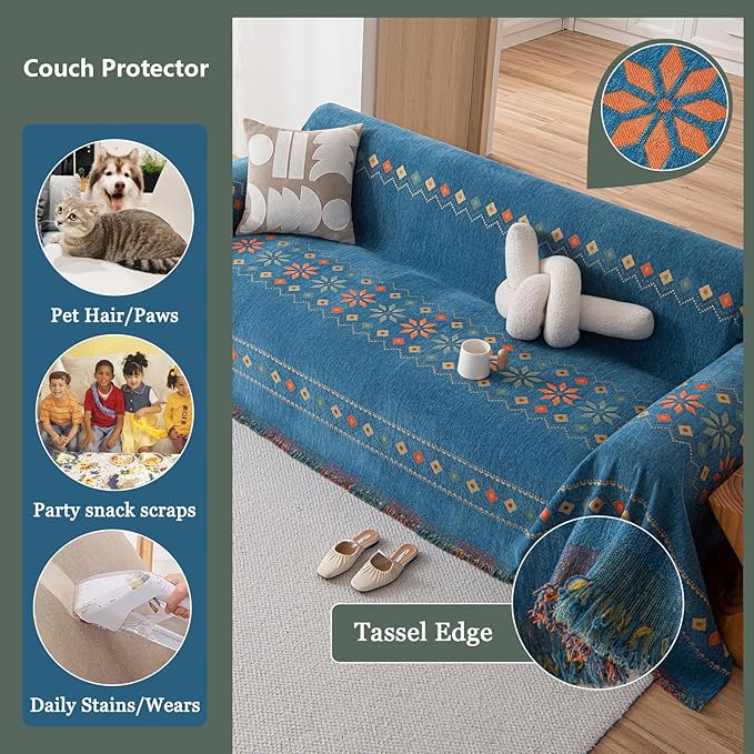DREAMINGO Couch Cover Chenille Boho Sofa Covers for Dog Reversible Geometric Couch Throw Cover Sectional Couch Covers for 3 Cushion Couch L Shaped Sofa Cover Blue Furniture Protector, 71"x134"