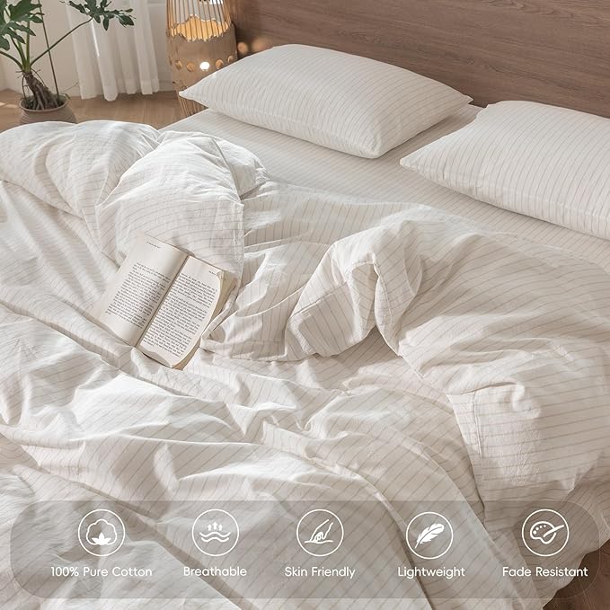MooMee Striped Duvet Cover Set 100% Washed Cotton Linen Like Textured Breathable Durable Soft Comfy (White Almond Milk Grey Wide Stripes, Oversized Queen 98"x98")