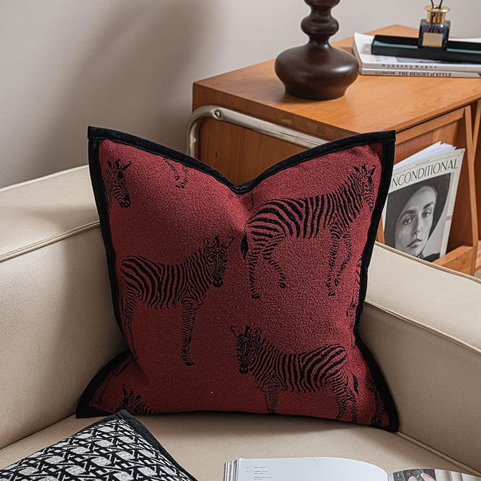 New 22x22'' inches Throw Pillow Cushion Covers - Zebra Pattern Red Color Chenille Jacquard Embroidery Luxury Modern Style Couch Sofa Bed Pillow Cover for Living Room Bedroom