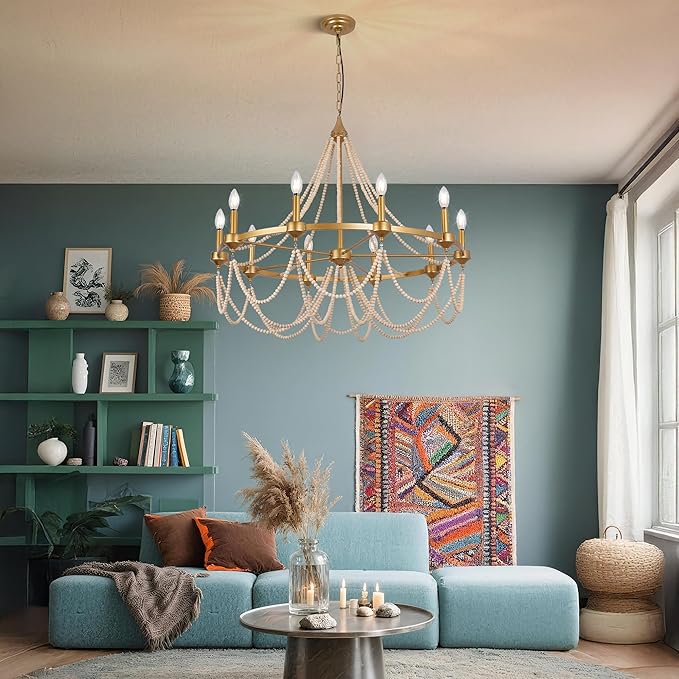 COCOSTAR Large Beaded Dining Room Chandelier,36" French Country Gold Chandeliers,Adjustable Height Modern Bohemia Pendant Light for Villa Hotel -E12 Candle Wagon Wheel Design