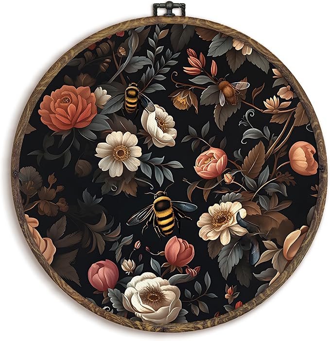 KFXHANGD Vintage Bee Rose Floral Round Wall Art Framed, Dark Moody Bees Flower Canvas Wall Art Decor, Bee Botanical Hanging Decor for Bedroom Bathroom Living Room, 10x10inch