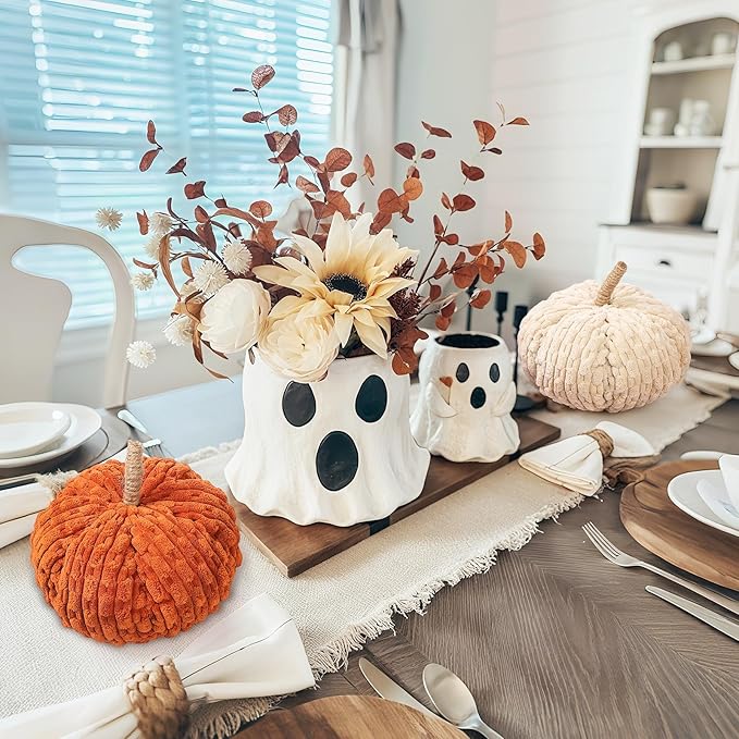 2pcs Faux Pumpkins Fall Harvest Fabric Plush Pumpkin Thanksgiving Halloween Decor for Table Centerpiece Farmhouse (Beige/Orange)