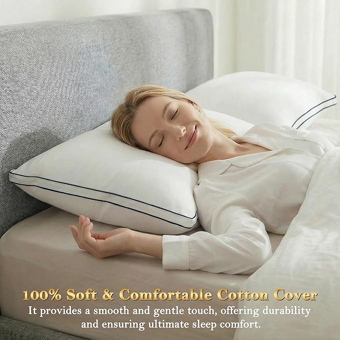 Feather Pillows King Size Set of 2 Goose Down Pillows with 100% Breathable Cotton Cover, Hotel Collection Bed Pillows for Sleeping, Soft Support for Back, Stomach and Side Sleepers