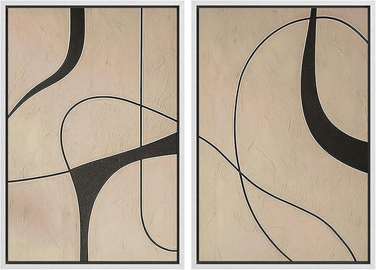 SIGNWIN Framed Canvas Print Wall Art Set Modern Beige and Black Abstract Curve Minimalist Geometric Modern Art Minimal Boho Relax/Calm for Living Room, Bedroom, Office - 16"x24"x2 White