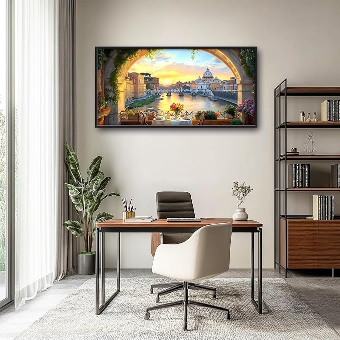 Tiber River in Rome Italy Large Wall Art Framed Wall Decor for Living Room, Cityscape Pictures Oversized Canvas Print Painting Modern Extra Large Framed Artwork for Bedroom Office Home Decor 60"x30"
