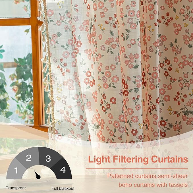 OYX Pink Boho Farmhouse Floral Curtains 63 Inch Long 2 Panels For Living Room, Flower Girl Bedroom Light Filtering Drapes, Vintage Country French Patterned Rod Pocket Aesthetic Decor Window Treatments