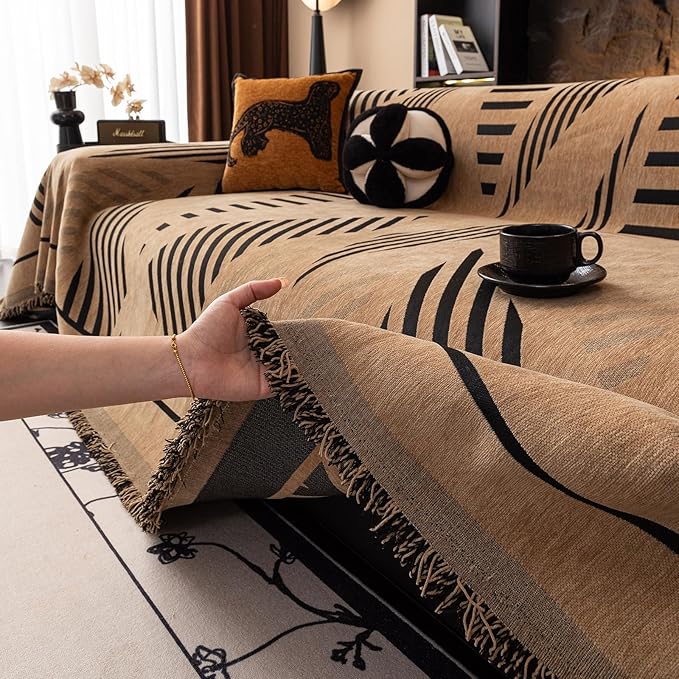 VClife Couch Cover Boho Style Sofa Cover for Dog, Modern Chenille Couch Cover for 3 Cushion Couch Sofa, Non Slip Brown Geometry Couch Protector with Tassel Sofa Slipcover Throw, 71"X134"