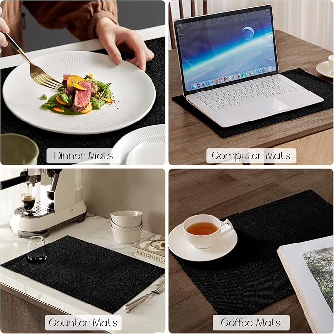 Romanstile Cloth Placemats Set of 4-12 x 18 Inch, Heat Resistant Double Layered Thickened Burlap Place Mats, Washable Faux Linen Farmhouse Table Mats for Kitchen/Dining/Party/Outdoor, Black