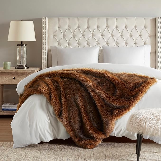 Hyde Lane Faux Fur Throw Blanket - Ultra Long Pile, Luxury Fluffy Bear Brown with Black Tipped Blankets, Fuzzy Plush Animal Coat Color Throws for Sofa Couch, Gift for Women, 50x60